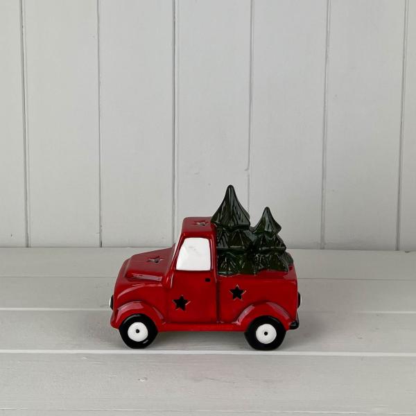 Red Ceramic Car Carrying Christmas Trees Decoration with LED (13.5cm)