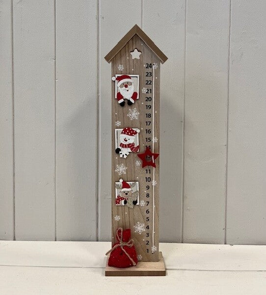 Wooden House Advent Calendar with Red Santa and Snowman