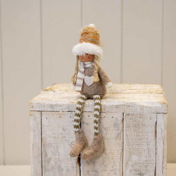 Beige Christmas Doll with Knitted Hat Chunky Boots and Heart Jumper