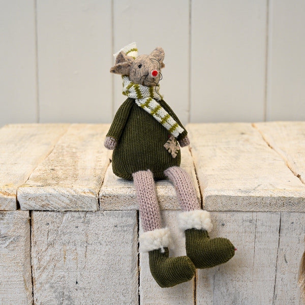 Fabric Mouse with Green Jumper Stripey Scarf and Dangly Legs