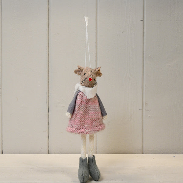 Hanging Fabric Mouse in Pink Dress and White Scarf (16cm)