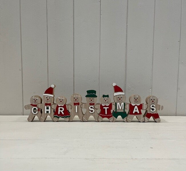 Wooden Gingerbread Family 'Christmas' Sign in Red Green and Natural Colours