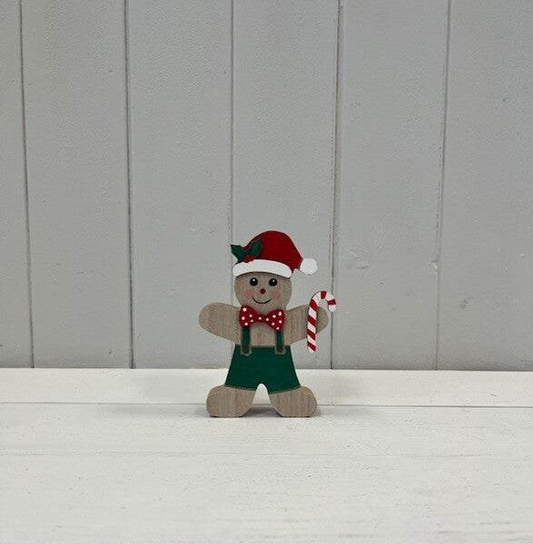 Wooden Gingerbread Kid with Candy Cane and Green Dungarees