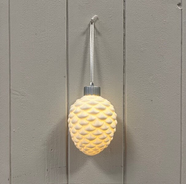 Ceramic hanging pinecone bauble with LED light size 6.5x6.5x8cm