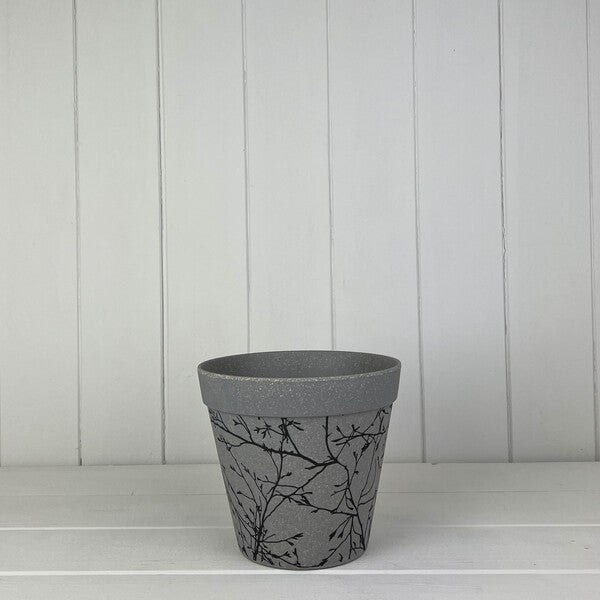 Earthy Warm Grey Straw Flower Pot With Silhouette Branch Design 15cmx13.5cm Weight-1540g