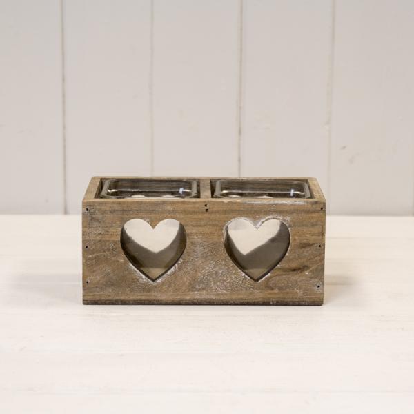 Greywashed wood basket with glass and heart T18.5x9.5cm H8cm (TSGC)