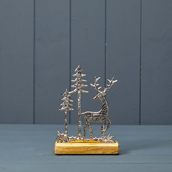 Silver Deer with Trees on Wooden Base 13x5x18cm