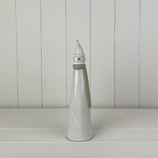 Glazed Ceramic Tall Snowman Ornament with Textured Detail L6.6xD6.6xH26.2cm Weight-404g