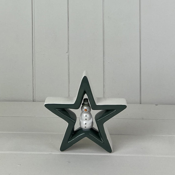 Dark Green Ceramic Star with Snowman Decoration L15.3xD4xH14.4cm Weight-272g