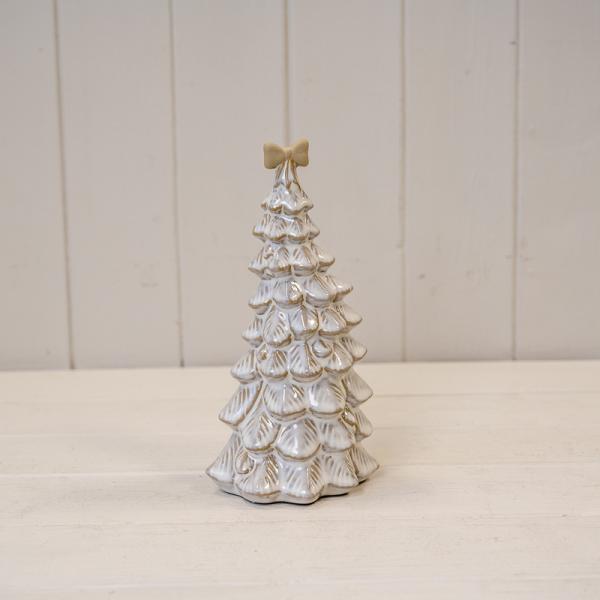 Medium Stone Glazed Ceramic Bendy Christmas Tree with Cream Bow on Top