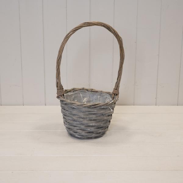 18cm Round GreyWashed Willow Basket with overhandle