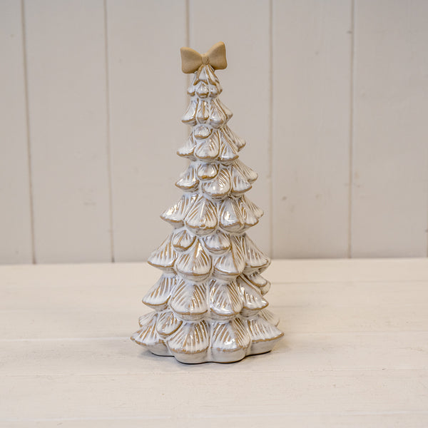 Large Stone Glazed Ceramic Bendy Christmas Tree with Cream Bow on Top