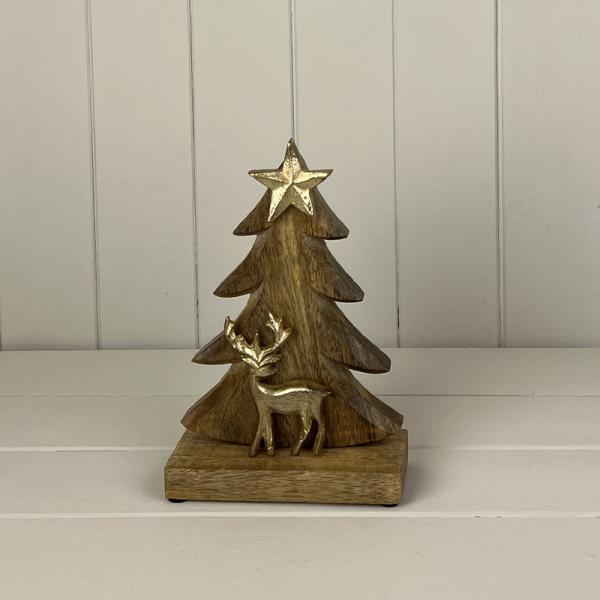 Gold Wood/Metal Tree and Reindeer Festive Decoration L15xD6.2xH23cm Weight-344g