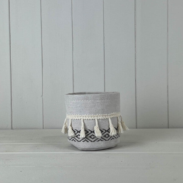 White and Black Cotton Planter with Tassels D11cm H10.5cm