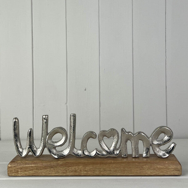 Metal Welcome on Wooden Base