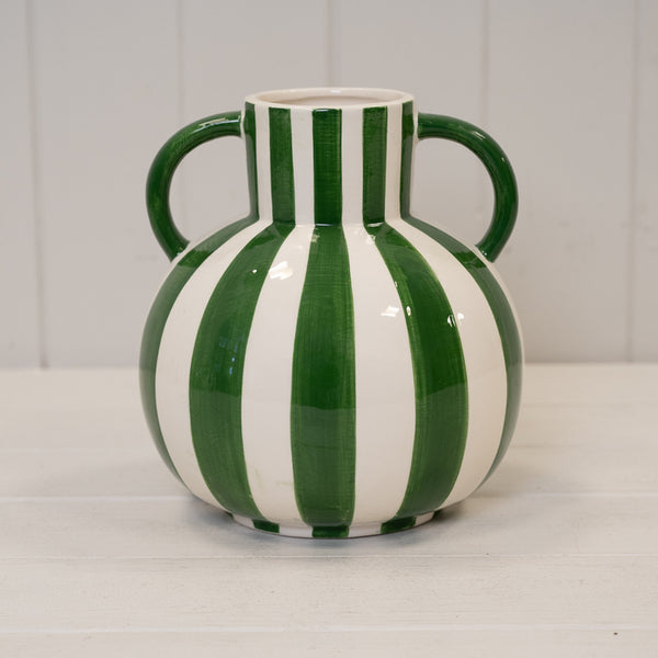 Green and White Striped Statement Vase.