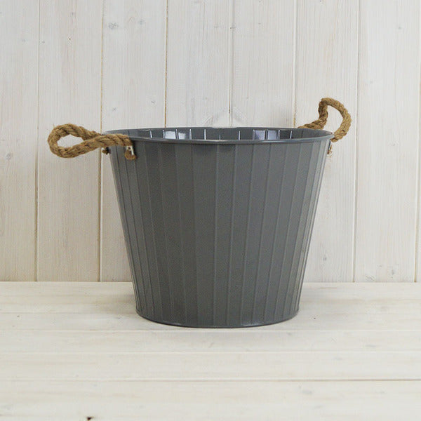 Grey Zinc Bucket with Hessian Ears TD18cm H16cm B13cm