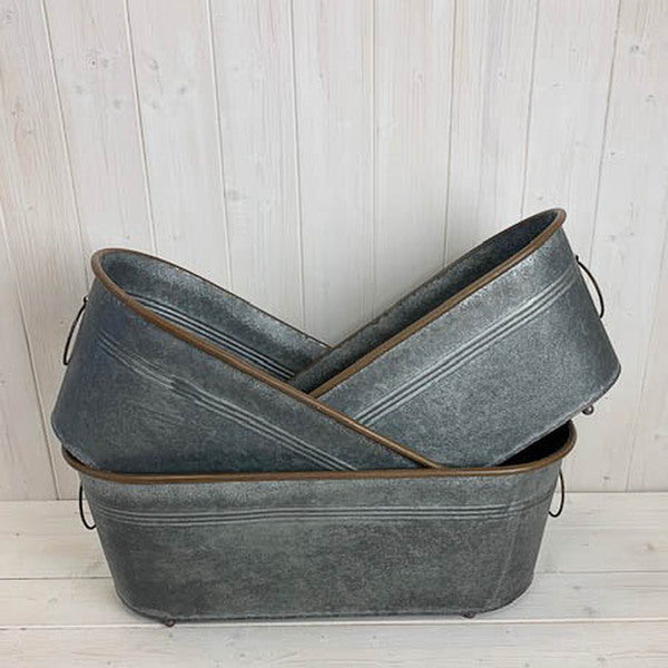 Set of 3 Large Metal Oval Trough Planters L: L53cm W23cm H19cm M: L46cm W21cm H18.5cm S: L42.5cm W1