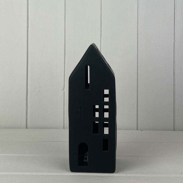 Tall Black Ceramic LED House with Cut Out Windows H19.8cm W8.1cm D7.3cm Weight-387g