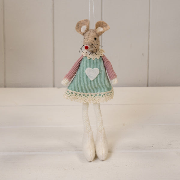 Green Fabric Sitting / Hanging Mouse with Pink Sleeves