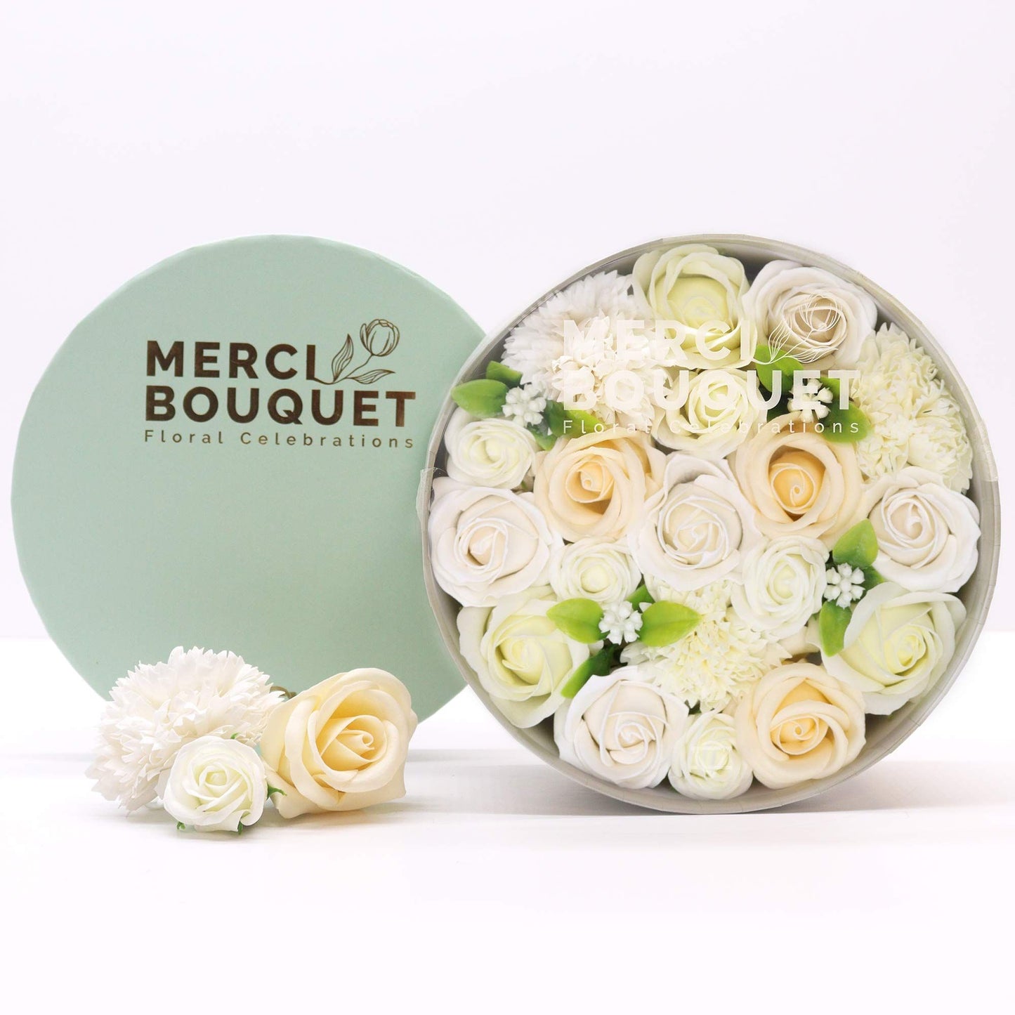 Soap Flowers Round Box - Wedding Blessings - White & Ivory