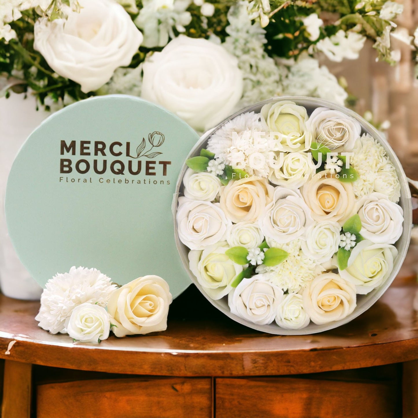 Soap Flowers Round Box - Wedding Blessings - White & Ivory