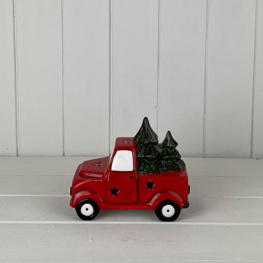 Red Ceramic Car Carrying Christmas Trees Decoration with LED (13.5cm)