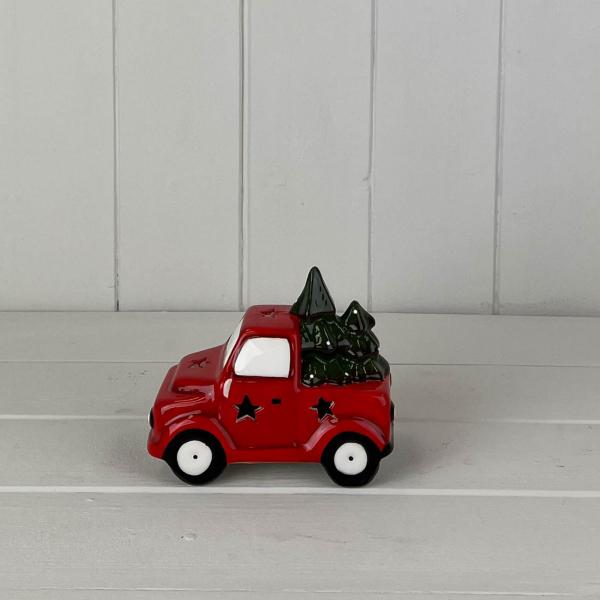 Red Ceramic Car Carrying Christmas Trees Decoration with LED (10.5cm)