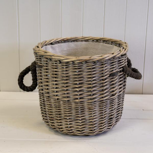 Round Log Basket with Rope Handles