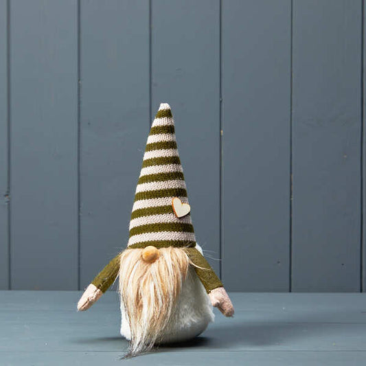 Olive Green and White Stripey Hat Gonk with Heart Detail