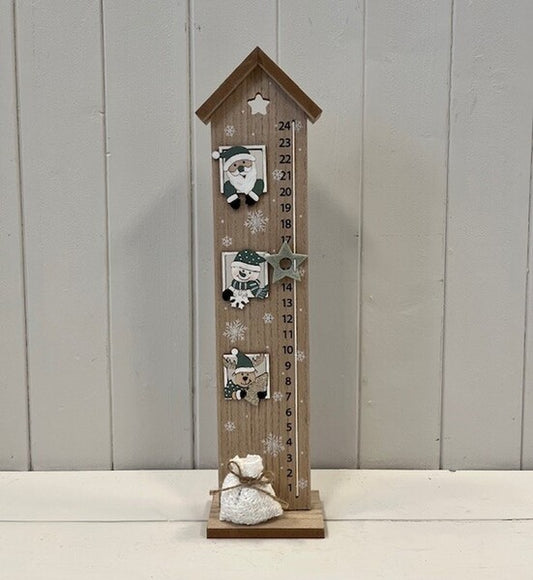 Advent Calendar House with Green Santa and Snowman