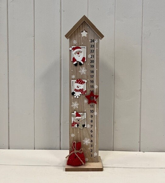 Wooden House Advent Calendar with Red Santa and Snowman