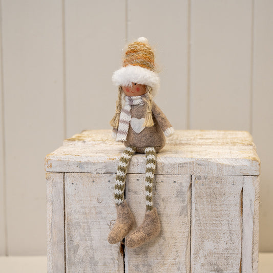 Beige Christmas Doll with Knitted Hat  Chunky Boots and Heart Jumper