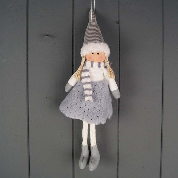 Grey Hanging Doll with Shiny Polka Dot Skirt
