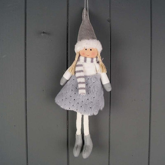 Grey Hanging Doll with Shiny Polka Dot Skirt