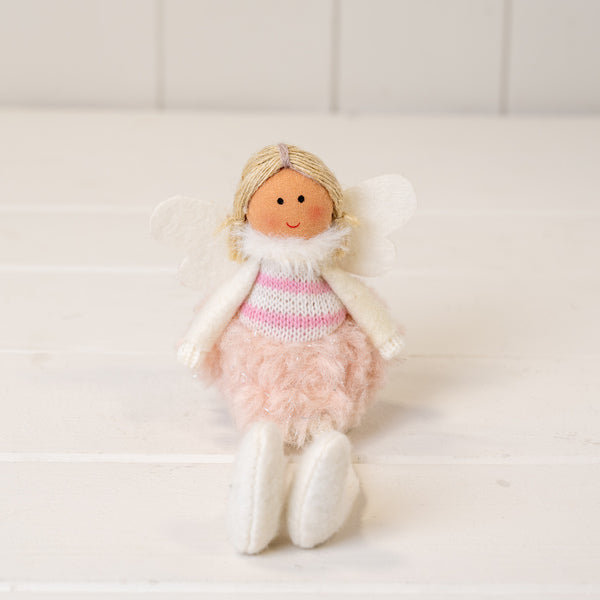 Pink and White Sitting Fairy with Boucle Skirt and Wings