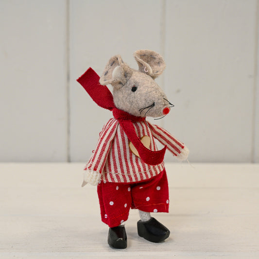 Fabric Mouse in Red and White Stripes and Clogs (11cm)