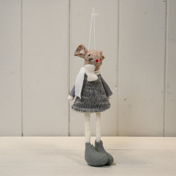Hanging Fabric Mouse in Grey Dress and White Scarf (16cm)
