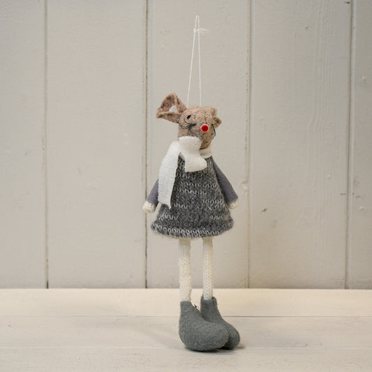 Hanging Fabric Mouse in Grey Dress and White Scarf (16cm)