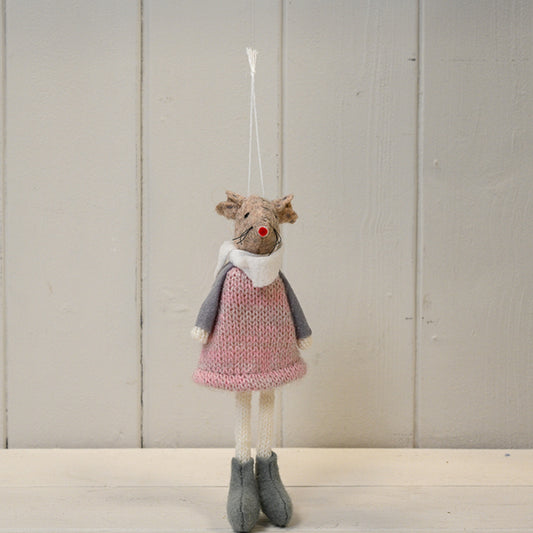 Hanging Fabric Mouse in Pink Dress and White Scarf (16cm)