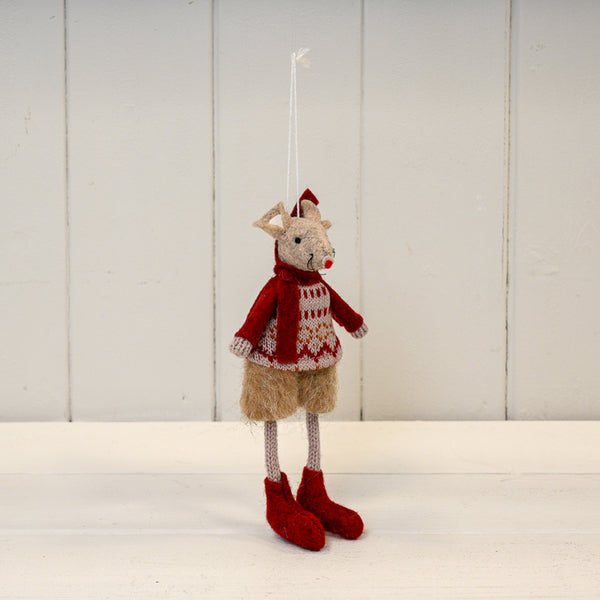 Red and Beige Hanging Winter Mouse with Patterned Jumper