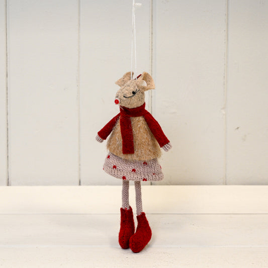 Red and Beige Hanging Winter Mouse with Polka Dot Skirt