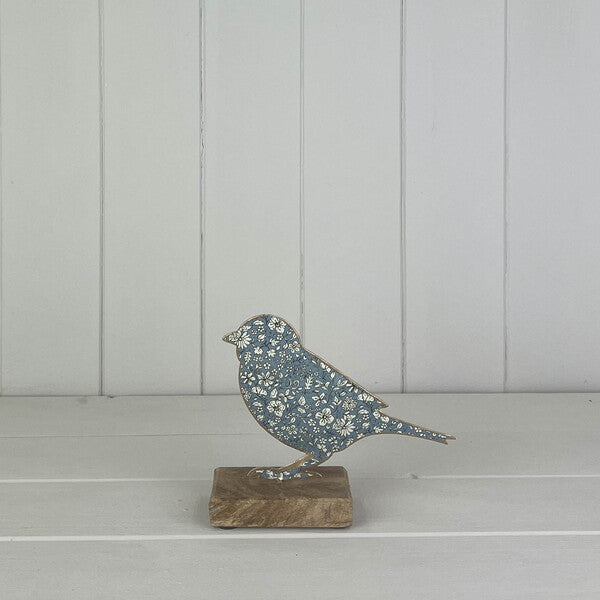 Blue Metal Bird on Wooden Base 15cm