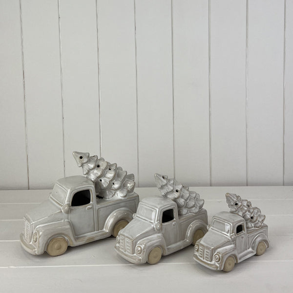 Glazed Ceramic Car Carrying Christmas Tree Ornament with Textured Detail and LED  L21.7xD10.3xH15.5