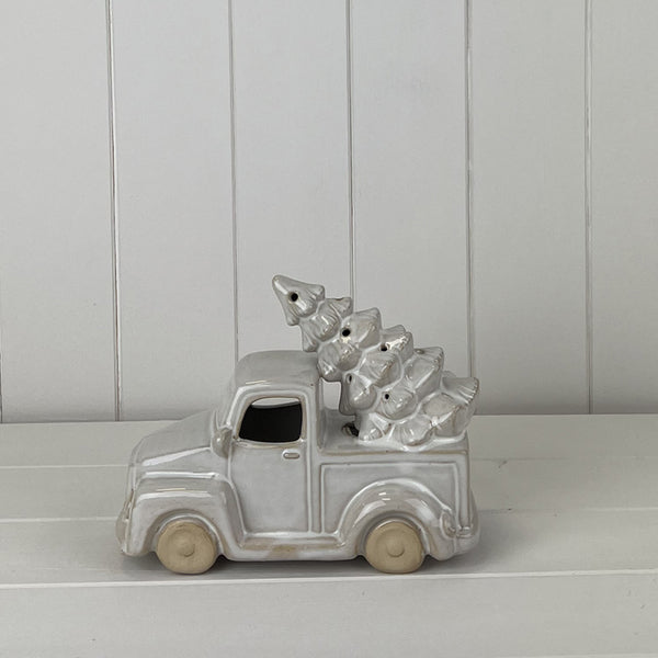 Glazed Ceramic Car Carrying Christmas Tree Ornament with Textured Detail and LED L16.2xD8.1xH12.4cm
