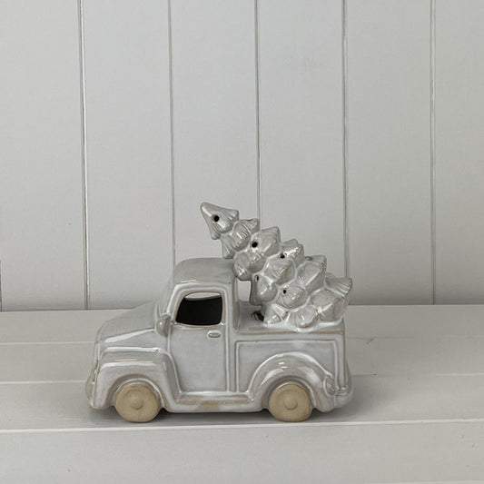 Glazed Ceramic Car Carrying Christmas Tree Ornament with Textured Detail and LED L16.2xD8.1xH12.4cm
