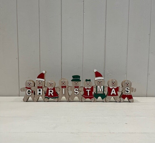 Wooden Gingerbread Family 'Christmas' Sign in Red  Green and Natural Colours