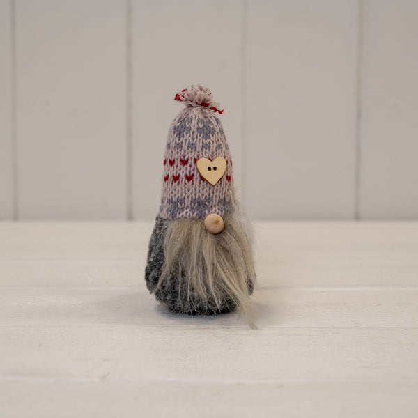 Grey Fabric Gonk with Patterned Hat and Heart (10cm)