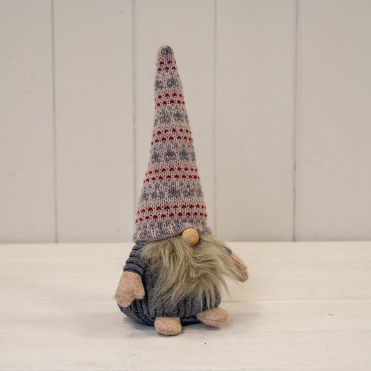 Grey Ribbed Fabric Gonk with Grey  White and Red Patterned Hat