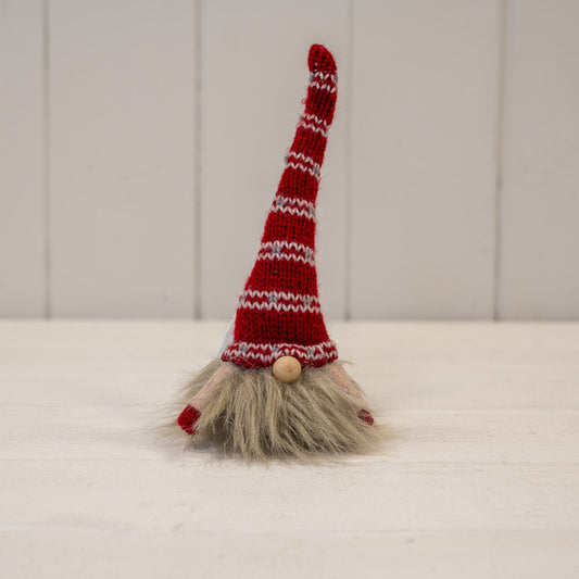 White Knitted Gonk with Red and White Patterned Hat